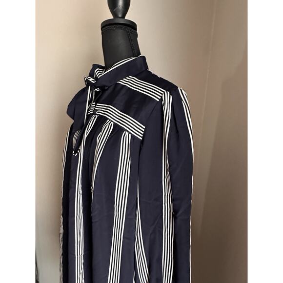 Vtg Chez California Designed By Tandy Navy White Striped Collar Neck Tie Dress - Picture 7 of 13